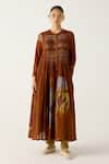 Buy_Cord_Brown Cotton Embroidered Thread Round Frida Smocked Foliage Print Dress _at_Aza_Fashions