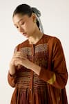 Buy_Cord_Brown Cotton Embroidered Thread Round Frida Smocked Foliage Print Dress 