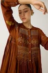 Shop_Cord_Brown Cotton Embroidered Thread Round Frida Smocked Foliage Print Dress 