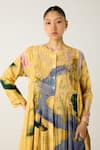 Cord_Yellow Cotton Embroidered Thread Round Frida Wallflower Print Dress _at_Aza_Fashions