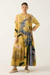 Buy_Cord_Yellow Cotton Embroidered Thread Round Frida Wallflower Print Dress With Skirt _at_Aza_Fashions