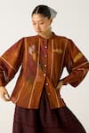 Cord_Brown Cotton Printed Lace Mandarin Collar Hazel Foliage Top _Online_at_Aza_Fashions