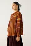 Buy_Cord_Brown Cotton Printed Lace Mandarin Collar Hazel Foliage Top _Online_at_Aza_Fashions