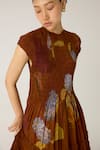 Cord_Brown Cotton Printed Foliage Round July Tiered Dress _at_Aza_Fashions