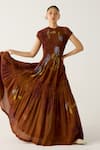 Buy_Cord_Brown Cotton Printed Foliage Round July Tiered Dress 