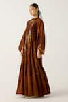 Cord_Brown Cotton Printed Foliage Round July Tiered Dress _Online_at_Aza_Fashions