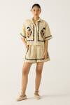 Shop_Cord_Ivory Linen Embroidered Applique Shirt Collar Leo Duck With Shorts _at_Aza_Fashions