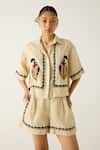 Cord_Ivory Linen Embroidered Applique Shirt Collar Leo Duck With Shorts _Online_at_Aza_Fashions