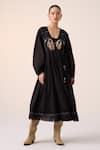 Cord_Black Cotton Applique Duck V Neck Poem Dress _Online_at_Aza_Fashions