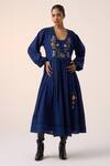 Buy_Cord_Blue Cotton Embroidery Floral V Neck Poem Bodice Dress _at_Aza_Fashions