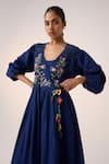 Buy_Cord_Blue Cotton Embroidery Floral V Neck Poem Bodice Dress 