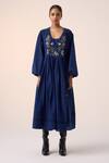 Cord_Blue Cotton Embroidery Floral V Neck Poem Bodice Dress _Online