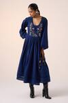 Buy_Cord_Blue Cotton Embroidery Floral V Neck Poem Bodice Dress _Online