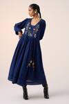 Shop_Cord_Blue Cotton Embroidery Floral V Neck Poem Bodice Dress _Online