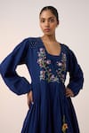 Cord_Blue Cotton Embroidery Floral V Neck Poem Bodice Dress 