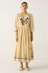 Cord_Ivory Cotton Applique Duck V Neck Poem Twin Dress _Online_at_Aza_Fashions