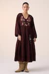 Buy_Cord_Maroon Cotton Embroidery Floral V Neck Poem Pixel Dress _at_Aza_Fashions