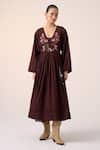 Cord_Maroon Cotton Embroidery Floral V Neck Poem Pixel Dress _Online_at_Aza_Fashions