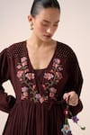 Cord_Maroon Cotton Embroidery Floral V Neck Poem Pixel Dress _at_Aza_Fashions