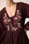 Buy_Cord_Maroon Cotton Embroidery Floral V Neck Poem Pixel Dress 