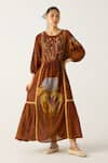 Buy_Cord_Brown Cotton Embroidery Floral Round Neck River Dress _at_Aza_Fashions