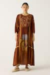 Cord_Brown Cotton Embroidery Floral Round Neck River Dress _Online_at_Aza_Fashions