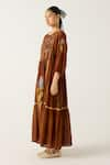 Buy_Cord_Brown Cotton Embroidery Floral Round Neck River Dress _Online_at_Aza_Fashions