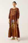 Shop_Cord_Brown Cotton Embroidery Floral Round Neck River Dress _Online_at_Aza_Fashions