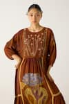 Cord_Brown Cotton Embroidery Floral Round Neck River Dress _at_Aza_Fashions