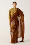 Buy_Cord_Brown Cotton Print Foliage Smocked Saree _at_Aza_Fashions