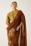 Shop_Cord_Brown Cotton Print Foliage Smocked Saree _Online_at_Aza_Fashions