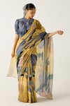 Shop_Cord_Yellow Cotton Print Wallflower Saree _Online_at_Aza_Fashions