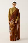 Cord_Brown Cotton Print Foliage Band Collar Smocked Saree With Top _Online_at_Aza_Fashions