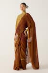 Buy_Cord_Brown Cotton Print Foliage Band Collar Smocked Saree With Top _Online_at_Aza_Fashions