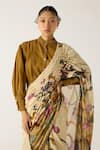 Buy_Cord_Ivory Cotton Print Safari Band Collar Smocked Saree With Top _Online_at_Aza_Fashions