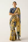 Cord_Yellow Cotton Print Wallflower Round Neck Saree With Top _Online_at_Aza_Fashions