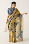 Shop_Cord_Yellow Cotton Print Wallflower Round Neck Saree With Top _Online_at_Aza_Fashions