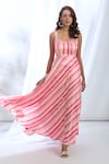 Gopi Vaid_Pink Satin Printed Vertical Stripe Scoop Neck Dress _at_Aza_Fashions