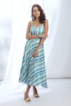 Buy_Gopi Vaid_Blue Satin Printed Vertical Stripe Scoop Neck Dress _at_Aza_Fashions