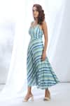 Gopi Vaid_Blue Satin Printed Vertical Stripe Scoop Neck Dress _Online_at_Aza_Fashions