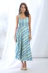 Gopi Vaid_Blue Satin Printed Vertical Stripe Scoop Neck Dress _at_Aza_Fashions