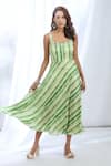 Buy_Gopi Vaid_Green Satin Printed Linear Stripe Scoop Neck Dress _at_Aza_Fashions