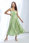 Gopi Vaid_Green Satin Printed Linear Stripe Scoop Neck Dress _Online_at_Aza_Fashions