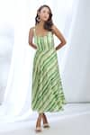 Buy_Gopi Vaid_Green Satin Printed Linear Stripe Scoop Neck Dress _Online_at_Aza_Fashions