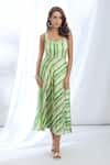 Gopi Vaid_Green Satin Printed Linear Stripe Scoop Neck Dress _at_Aza_Fashions