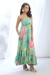 Gopi Vaid_Green Satin Printed Garden Halter Neck Strappy Dress _Online_at_Aza_Fashions