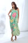 Buy_Gopi Vaid_Green Satin Printed Bloom Floral Halter Neck Stripe Strappy Dress _at_Aza_Fashions