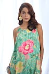 Buy_Gopi Vaid_Green Satin Printed Bloom Floral Halter Neck Stripe Strappy Dress _Online_at_Aza_Fashions