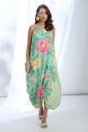 Gopi Vaid_Green Satin Printed Bloom Floral Halter Neck Stripe Strappy Dress _at_Aza_Fashions