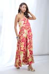 Gopi Vaid_Pink Satin Printed Floral Asymmetric One Shoulder Dress _Online_at_Aza_Fashions